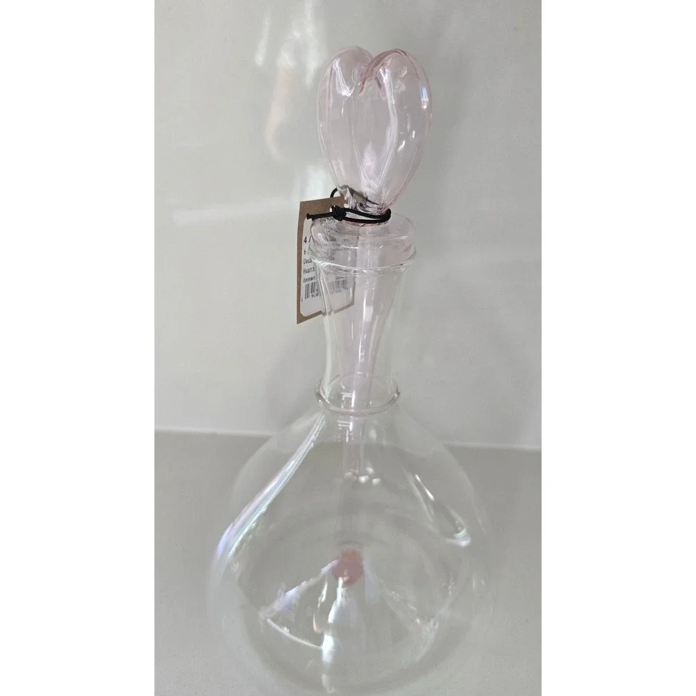 Creative Co-Op Glass Wine/ Mouthwash Decanter with Pink Heart Stopper